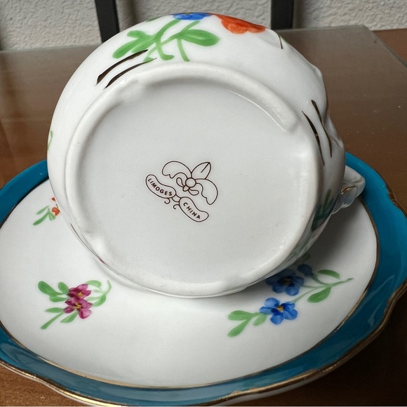 Limoges China White Floral Teacup & Saucer Gold Scroll England Blue Border Vtg - Picture 8 of 14